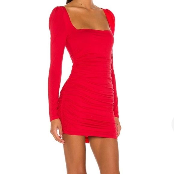 Lovers and Friends Benae Red Mini Dress Sz XXS Long Sleeves Ruched Stretch NEW - Picture 3 of 15